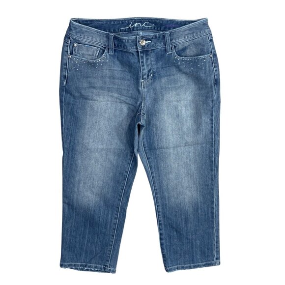 INC Denim Capri Jeans Rhinestone Bling Size 10P Petite Faded Stretch - Picture 1 of 10